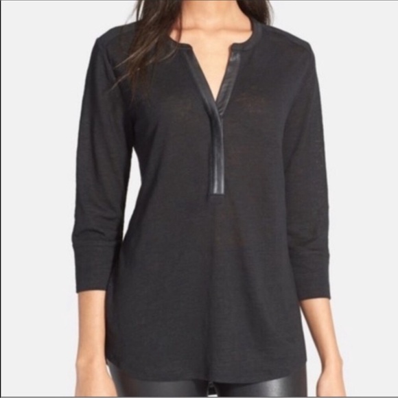 Vince Tops - Black Vince Top with Faux Leather Trimmed Collar